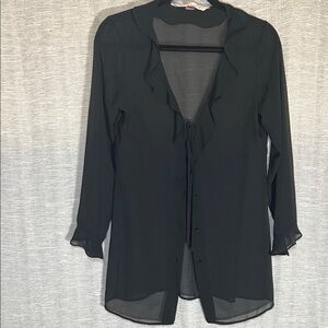 Victorias’s Secret Black Sheer Ruffle Button Up Tie Front Blouse Size XS